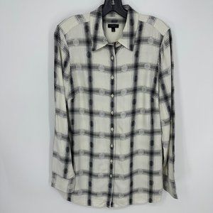 Talbots Plaid Button Down Shirt Top S Long Tunic Length Rayon Cream Black Dots